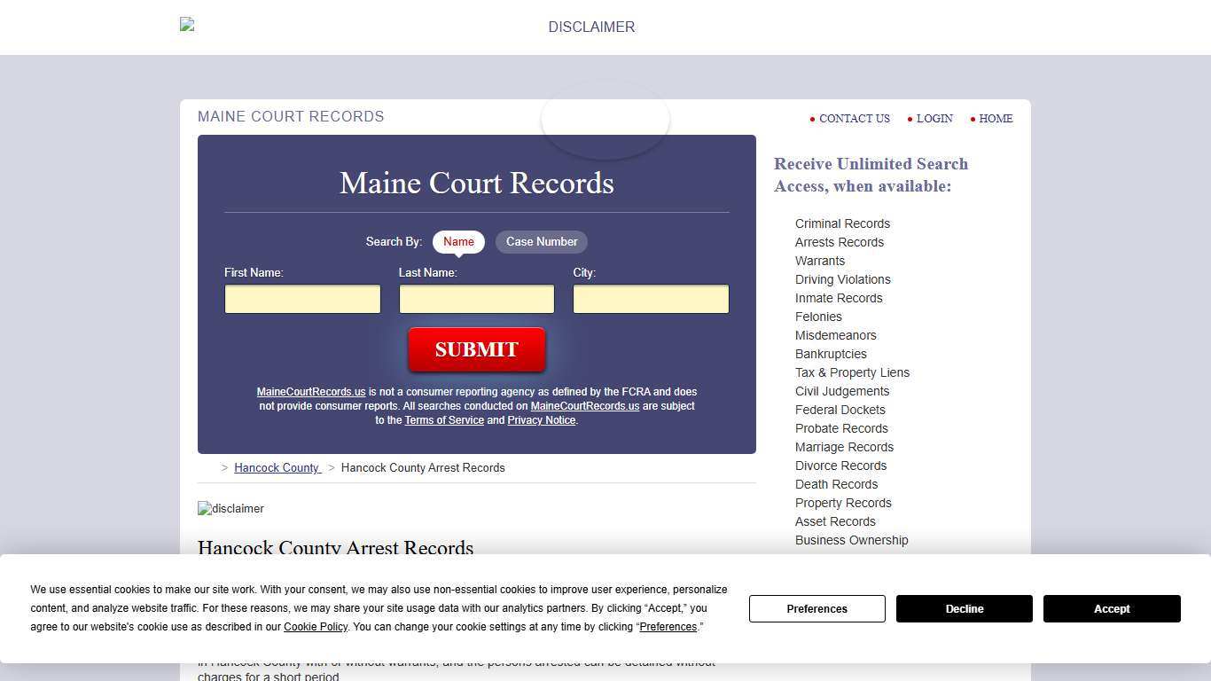 Hancock County Arrest Records MaineCourtRecords.us