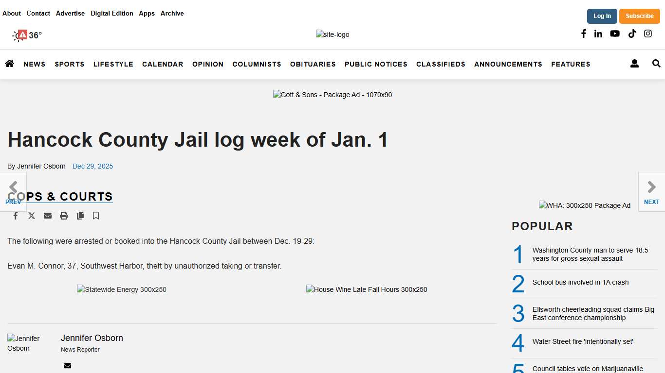 Hancock County Jail log week of Jan. 1 Cops & Courts ellsworthamerican.com